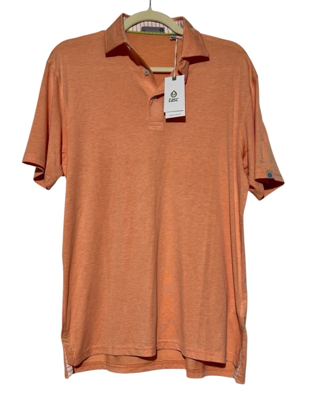 Tasc NWT Cloud Polo Shirt Men Size Small Heather Sunrise OrangeWork Golf Preppy
